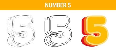 Number 5 Orange, tracing and coloring worksheet for kids vector