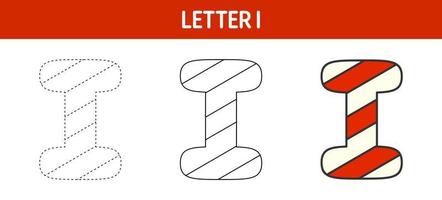 Letter I Candy Cane, tracing and coloring worksheet for kids vector