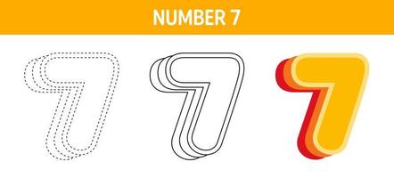 Number 7 Orange, tracing and coloring worksheet for kids vector