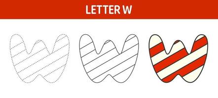 Letter W Candy Cane, tracing and coloring worksheet for kids vector