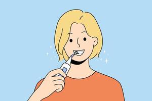 mujer sonriente con frenos dientes limpios con irrigador dental. el cepillo de uso femenino feliz toma un acre de higiene bucal. odontología y salud. ilustración vectorial vector
