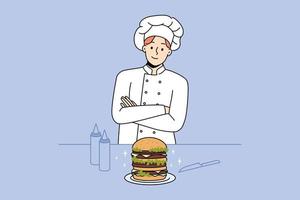 Proud male chef cook burger in bar or cafe. Smiling man in uniform preparing American style meal. Fast food at restaurant. Vector illustration.