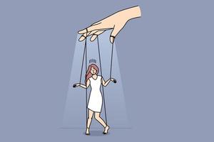 persona sosteniendo a la mujer como marioneta con cuerdas. el control del titiritero manipula el personaje femenino. manipulación y marionetas. ilustración vectorial vector