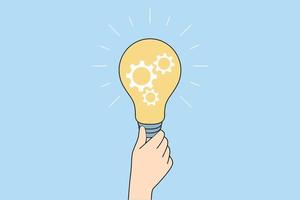 Person holding lightbulb generate creative business idea. Businessperson with light bulb brainstorm solve problem. Solution and innovation. Vector illustration.