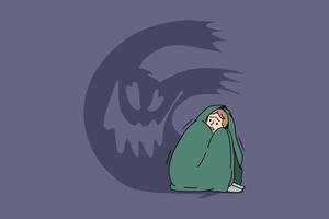Fears panic and nightmare concept. Young stressed boy covered with blanket sitting on ground feeling ghost around panic and nervous problems vector illustration