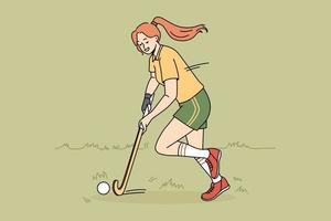 jugar al golf y el concepto deportivo. Una adolescente sonriente jugando al golf con un club usando ropa deportiva tomando un parque en competencia en la ilustración del vector de hierba