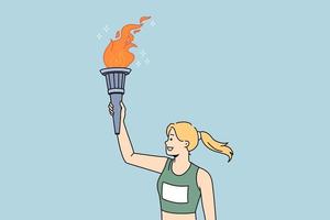 concepto olímpico de fuego y llamas. joven atleta sonriente en ropa deportiva sosteniendo la antorcha olímpica en la mano levantada sobre la ilustración vectorial de fondo azul vector