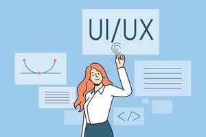 interfaz de usuario y concepto de experiencia. mujer joven diseñadora web programadora de computadoras de pie y apuntando a ui ux ilustración vectorial vector