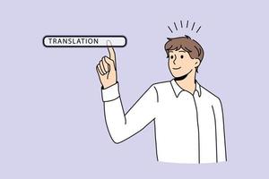 Translation online technologies button concept. Young man worker choosing translation in search bar on virtual screen language transcription internet networking vector illustration