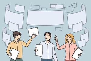 Document flow in business concept. Group of young business partners teammates standing with papers and flying documents above vector illustration