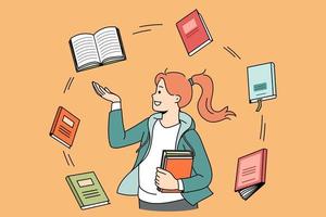 Education and reading books concept. Smiling girl student standing and looking at various books flying around her getting prepared for exam vector illustration