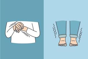 Sensitivity to cold and shaking concept. Human hands fingers and legs feet shaking from cold and having blue color sensitive to weather vector illustration