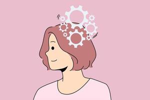 tener idea y concepto de creatividad. joven mujer sonriente de pie con engranajes trabajando en la cabeza y el cerebro con una gran idea innovadora que busca el éxito en la ilustración de vectores de negocios