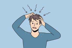 Itchy head and dandruff concept. Stressed irritated man standing and having itchy scalp feeling problems with health and scratching hair vector illustration