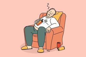 Unhealthy lifestyle and diet concept. Smiling over weight fatty man sitting napping in armchair after drinking soda and eating french fries vector illustration