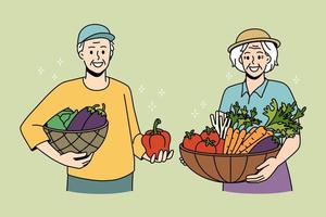 Agriculture farming and Harvesting concept. Smiling senior couple standing holding fresh produce from garden in hands in baskets vector illustration