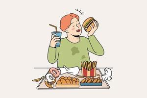 Unhealthy eating in childhood concept. Smiling cheerful fatty boy sitting and eating hamburger donuts french fries drinking lemonade enjoying junk food vector illustration