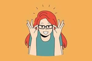 Eyewear and choosing eyeglasses concept. Smiling red haired girl trying on and choosing elegant eyeglasses in optic over orange background vector illustration