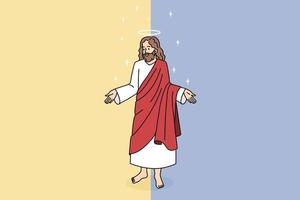 Bible and Jesus Christ concept. Kind smiling Jesus in red clothing standing and showing his big caring hands vector illustration