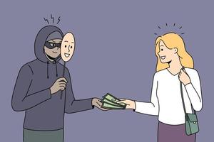 Woman giving money to male scammer in mask. Female pass cash to criminal. Scam and fraud concept. Vector illustration.