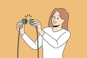 Smiling woman put electric plug into pocket. Concept of problem solution and effectiveness. Productivity and energy source. Vector illustration.