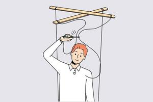 Smiling man with scissors cut ropes free himself from manipulation. Happy man stop being manipulated. Puppeteering and dependence. Vector illustration.
