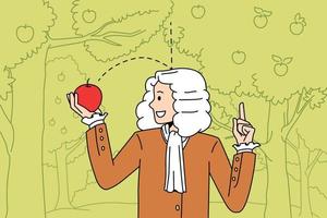 Science and physical experience concept. Sir Isaac Newton scientist standing and exploring gravity with red fallen apple in hands vector illustration