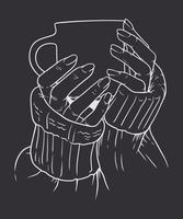 Vector illustration of woman's hands in sweater holding cup of coffee, isolated on black background