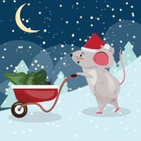 Christmas cartoon illustration with a cute happy mouse carrying the Christmas tree in the wheelbarrow at night in the forest. Vector illustration art.