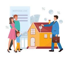 ilustración moderna y colorida con una familia y un agente inmobiliario dándoles la llave de la casa. inmobiliaria, hipoteca, propiedad de la vivienda, compra, ilustración del concepto de crédito. vector