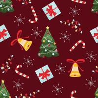 Seamless Christmas pattern with tree, gift boxes, candy-cane and snow flakes on red background in cartoon style. Holiday greeting design. For textile, wrapping paper, backgrounds, packaging. vector