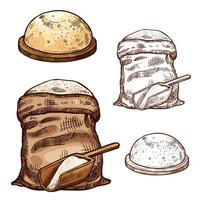 Vector sketch icons of baking flour bag and bread