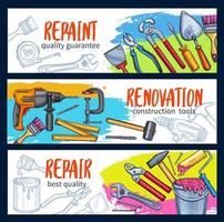 Repair work banner with construction tool sketch vector