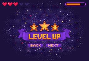 Level up 8bit game, console or arcade pixel screen vector