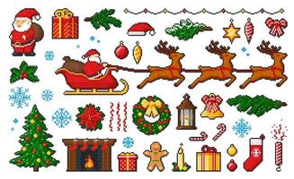 8 bit Christmas, New Year pixel icons or character vector