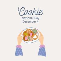 Female hands are holding a plate with biscuits cookies. Traditional winter pastry. National Cookie Day, December 4. Hand drawn vector illustration.