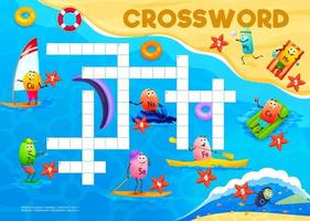 Crossword quiz game grid, cartoon vitamin on beach
