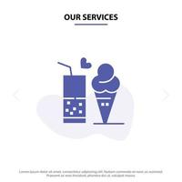 nuestros servicios comida jugo vaso helado cono glifo sólido icono plantilla de tarjeta web vector