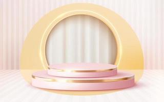 Podio de oro rosa rosa de lujo renderizado en 3d con escaparate de cortina blanca vector 3d 261022
