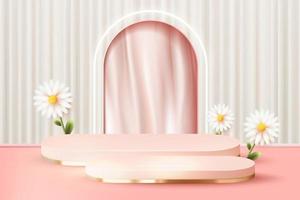 3d abstract scene background white podium with flower curtain background product presentation mock up show vector