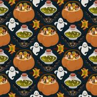 Halloween vector cartoon seamless pattern with pumpkin lantern, ghost, skull, spider, and other scary or festive elements . Mystical background for wallpaper, wrapping, packing, and backdrop.