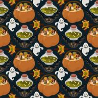 Halloween vector cartoon seamless pattern with pumpkin lantern, ghost, skull, spider, and other scary or festive elements . Mystical background for wallpaper, wrapping, packing, and backdrop.