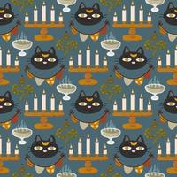 Halloween vector cartoon seamless pattern with pumpkin lantern, ghost, skull, spider, and other scary or festive elements . Mystical background for wallpaper, wrapping, packing, and backdrop.