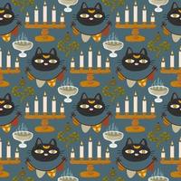 Halloween vector cartoon seamless pattern with pumpkin lantern, ghost, skull, spider, and other scary or festive elements . Mystical background for wallpaper, wrapping, packing, and backdrop.