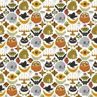 Halloween vector cartoon seamless pattern with pumpkin lantern, ghost, skull, spider, and other scary or festive elements . Mystical background for wallpaper, wrapping, packing, and backdrop.