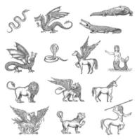 Unicorn, phoenix, dragon, Pegasus animlas sketch vector