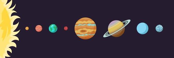 Colorful solar system with line planets in flat design cartoon style. Astronomy education and science banner for kids learning vector