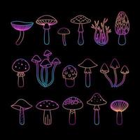 Set colorful outline mushrooms, retro hippie style items. For print, graphic design, stickers and poster template. vector