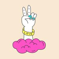 Vintage hippie peace hand gesture from cloud. Doodle illustration. Template for sticker, poster and t shirt vector