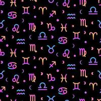 Zodiac signs seamless colorful neon background with crescent and moon, astrological pattern. Horoscope symbols gradient texture. vector